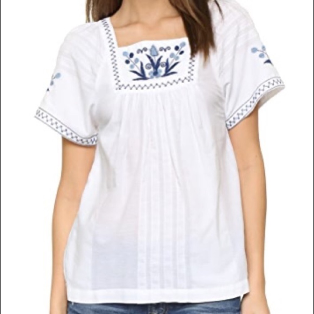 Madewell Blue Eyelet embroidered alma peasant top